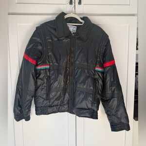 Vintage Alpine Black Puffer Jacket with Red and Green and Grey Stripes